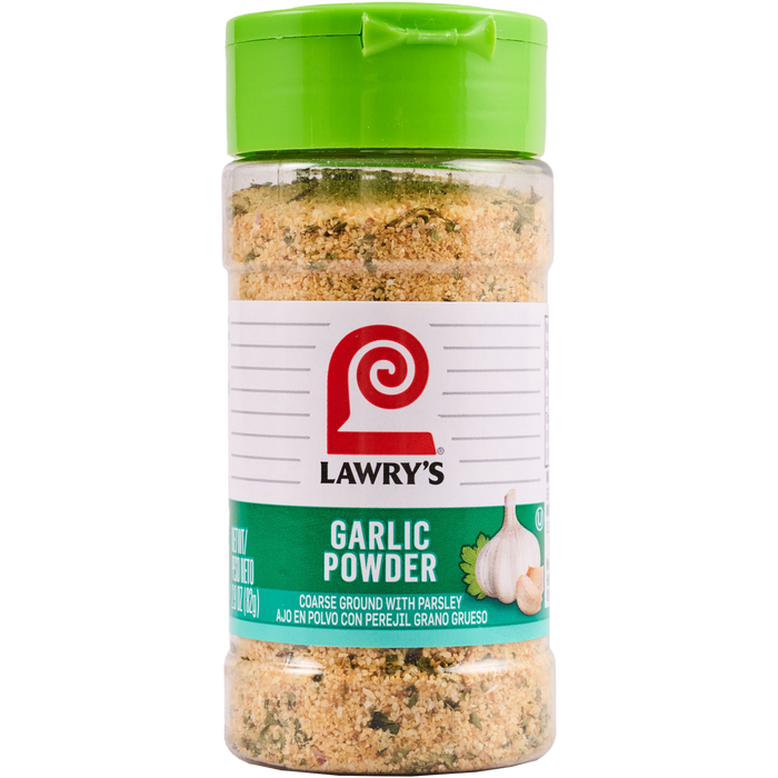 ["A container of Lawry's Garlic Powder, a coarse ground garlic with parsley."]