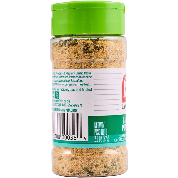 ["A Lawry's Garlic Powder bottle with a green lid and a barcode on the side."]