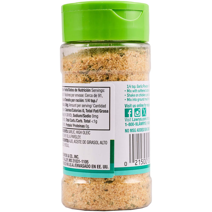 ["A bottle of Lawry's Garlic Powder seasoning."]