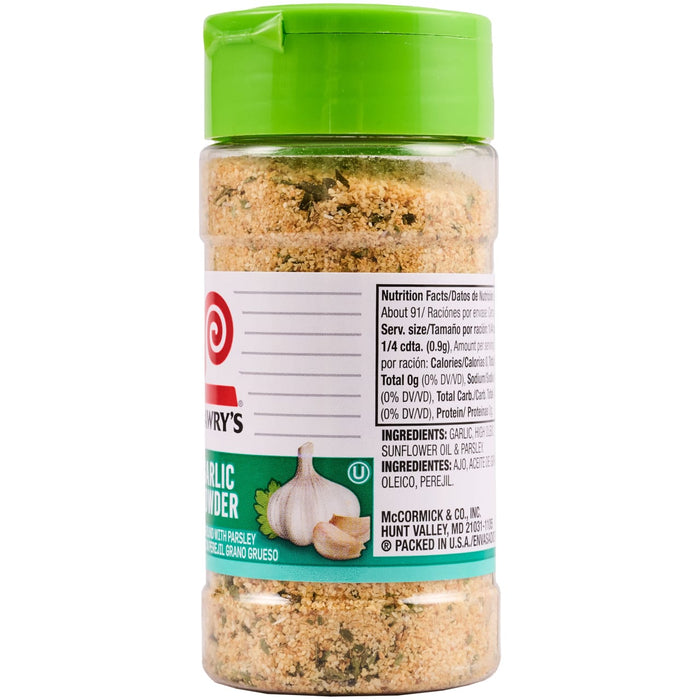 ['A bottle of McCormick Garlic Powder with parsley.']