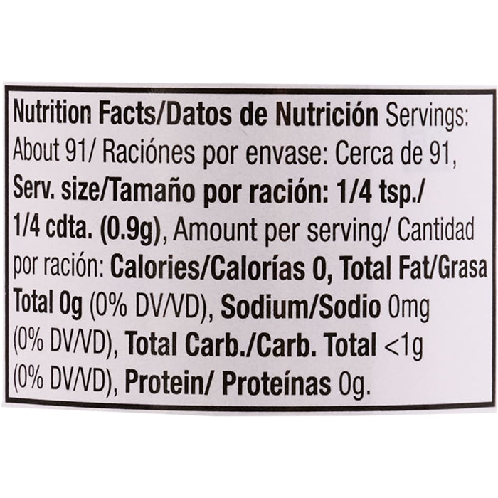 ['Nutrition facts label for a product with 0 calories, 0 grams of fat, 0 milligrams of sodium, less than 1 gram of carbohydrates, and 0 grams of protein.']
