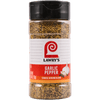 ["A jar of Lawry's Garlic Pepper Coarse Ground Blend."]