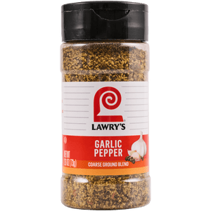 ["A jar of Lawry's Garlic Pepper Coarse Ground Blend."]