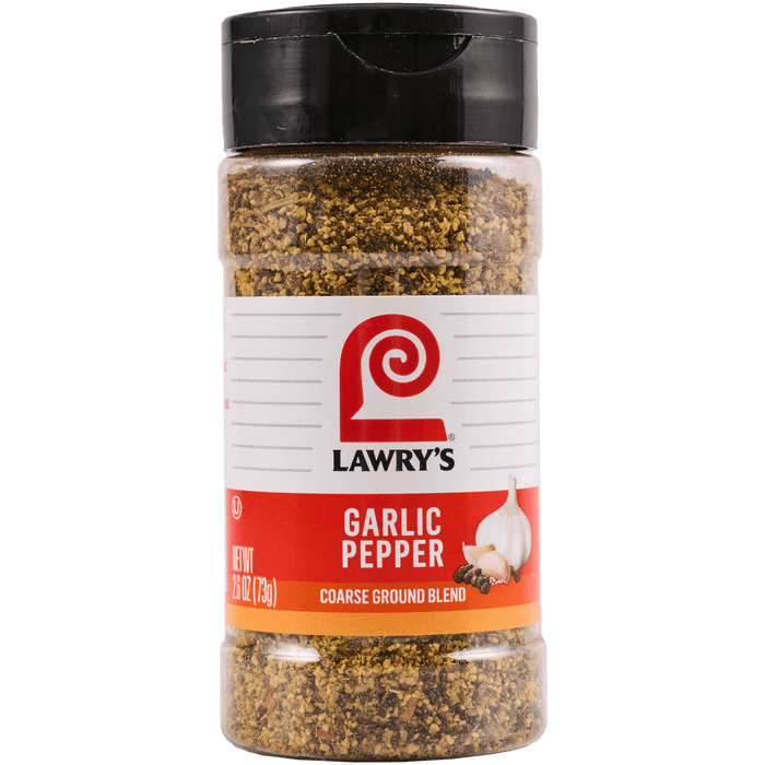 ["A jar of Lawry's Garlic Pepper Coarse Ground Blend."]