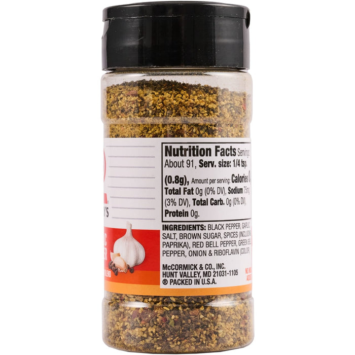 ['A bottle of McCormick Garlic Pepper seasoning.']