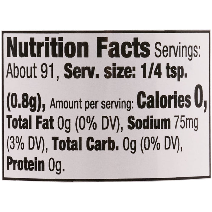 ['Nutrition facts label for a product with 0 calories per serving.']