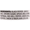 ['A list of ingredients for a seasoning blend, including black pepper, garlic, salt, brown sugar, spices, paprika, red bell pepper, green bell pepper, onion, and riboflavin.']