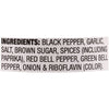 ['A list of ingredients for a seasoning blend, including black pepper, garlic, salt, brown sugar, spices, paprika, red bell pepper, green bell pepper, onion, and riboflavin.']