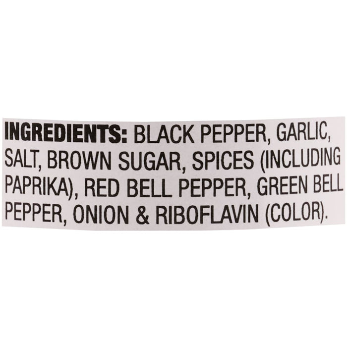 ['A list of ingredients for a seasoning blend, including black pepper, garlic, salt, brown sugar, spices, paprika, red bell pepper, green bell pepper, onion, and riboflavin.']