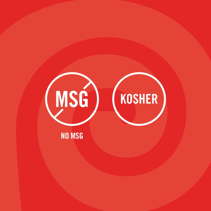 The image shows two circles, one indicating No MSG and the other indicating Kosher, against a red swirl background, highlighting the product's dietary attributes.
