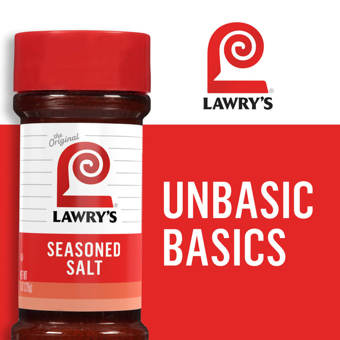 A jar of Lawry\'s Seasoned Salt with the Lawry\'s logo and the words Unbasic Basics in the background.