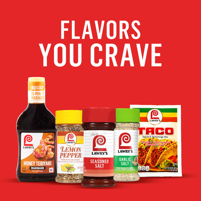 Lawry's spices and seasonings are displayed against a red background with the text "Flavors You Crave."