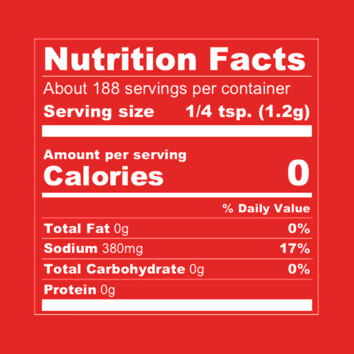 Nutrition facts label for a product with 0 calories per serving.