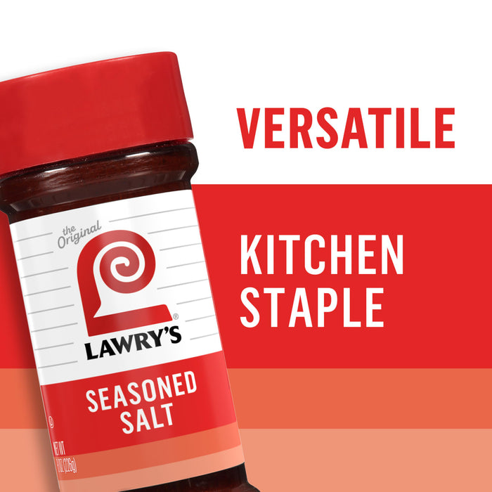 A jar of Lawry's Seasoned Salt with the words 'Versatile Kitchen Staple' in the background.