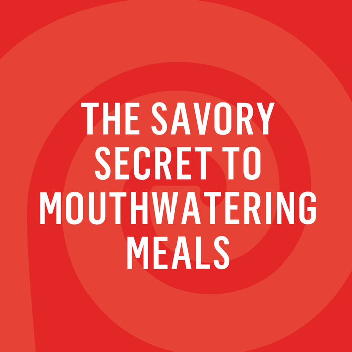 White text on a red background with concentric circles reads The Savory Secret to Mouthwatering Meals.