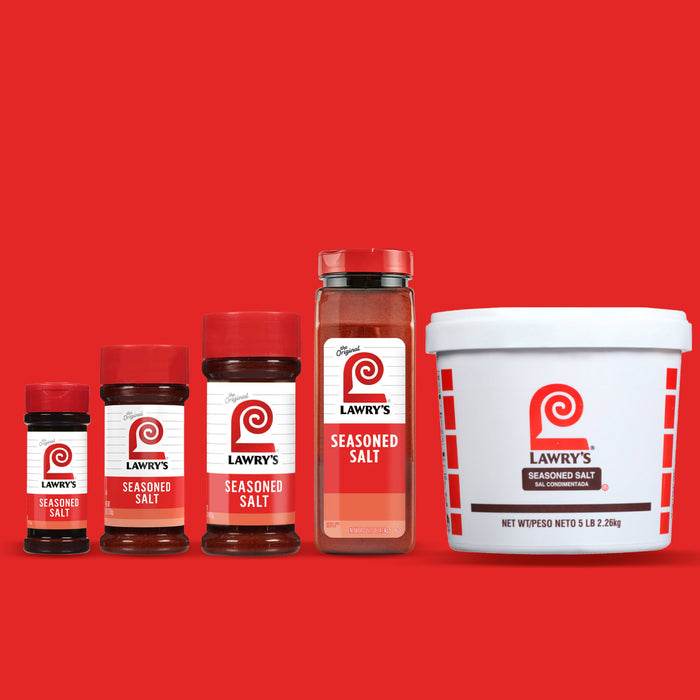 Four different sizes of Lawry's Seasoned Salt containers are shown.