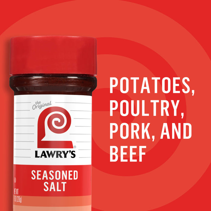 A jar of Lawry's Seasoned Salt with the text 'Potatoes, Poultry, Pork, and Beef' in white letters on a red background.