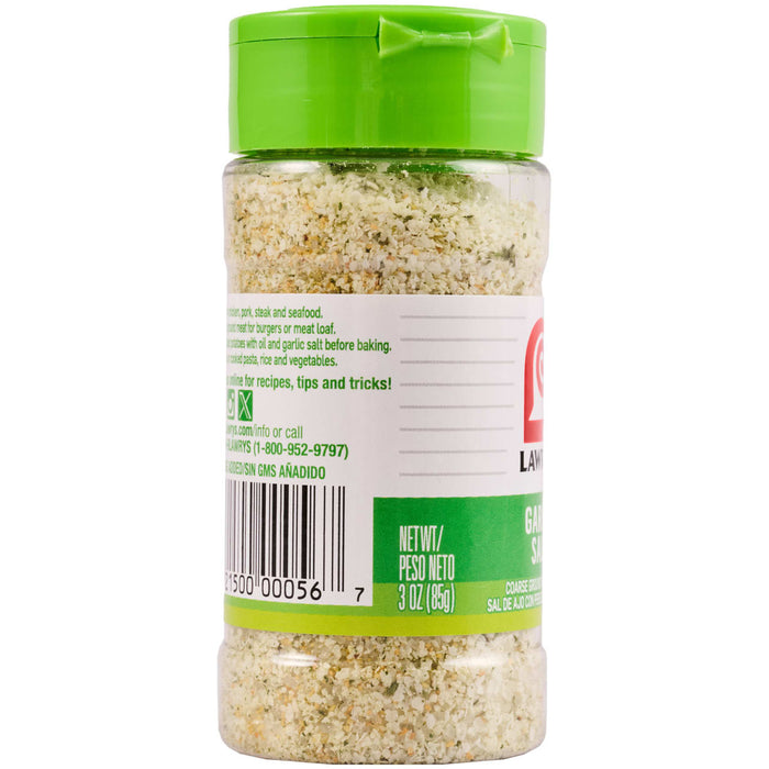 A Lawry's Garlic Salt bottle with a green lid and a barcode on the side.