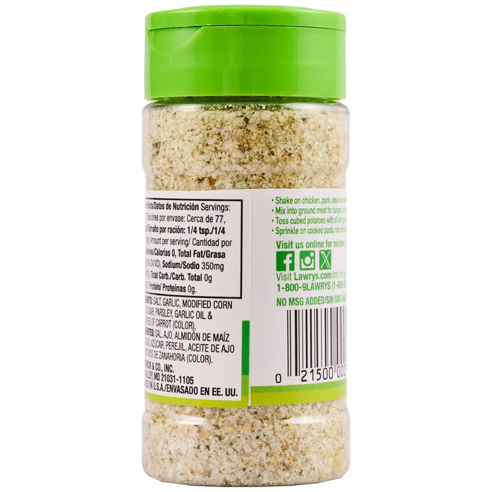 A bottle of Lawry's Garlic Salt seasoning.