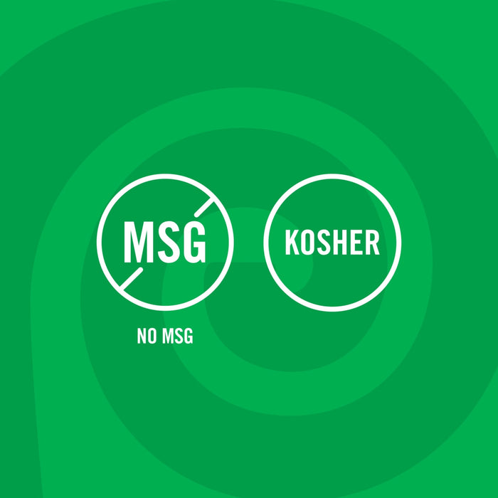 The image shows two circular icons, one indicating No MSG and the other indicating Kosher certification, set against a green swirling background.