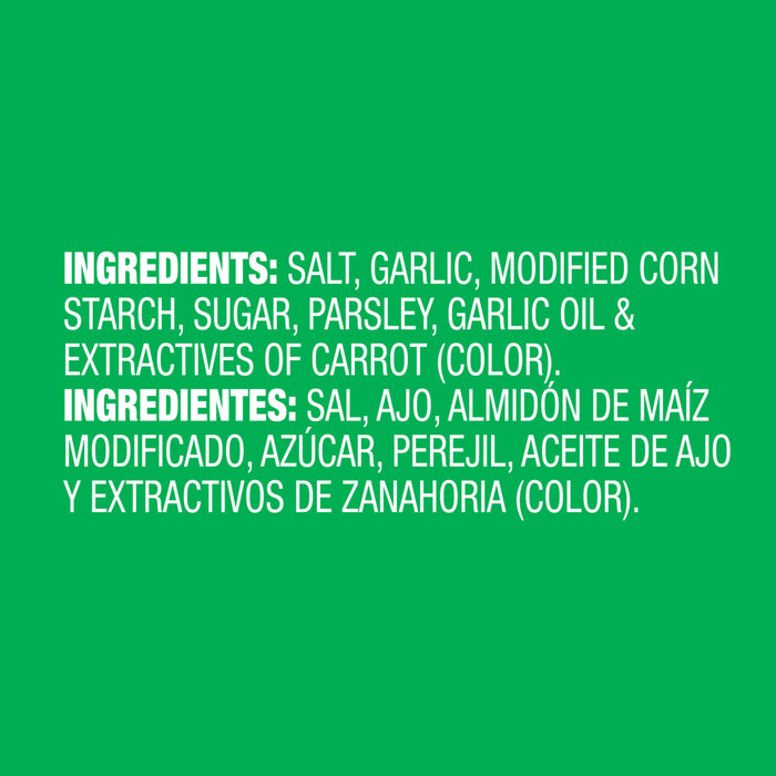 The image shows the ingredient list for a food product, including salt, garlic, modified corn starch, sugar, parsley, garlic oil, and carrot extractives for color.