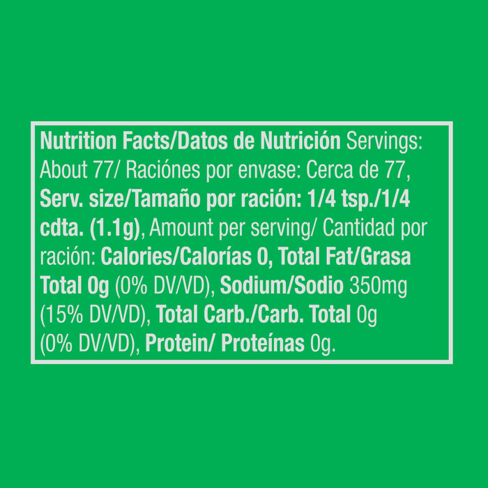 Nutrition facts label showing that the product contains about 77 servings, with each 1/4 teaspoon serving containing 0 calories, 0g of total fat, 350mg of sodium, 0g of total carbohydrates, and 0g of protein.