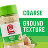 A container of Lawry's Garlic Salt with a coarse ground texture is displayed.