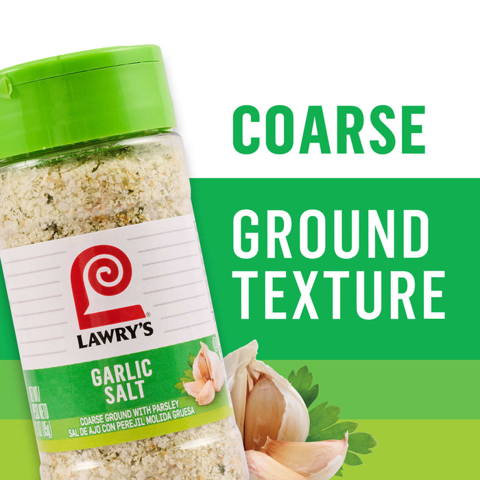 A container of Lawry's Garlic Salt with a coarse ground texture is displayed.