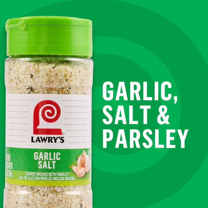 A bottle of Lawry's Garlic Salt seasoning, highlighting its key ingredients: garlic, salt, and parsley.