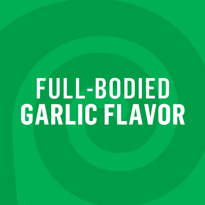 A green graphic with concentric circles features the text FULL-BODIED GARLIC FLAVOR.