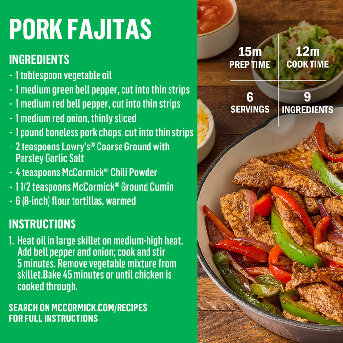 This image shows a recipe for Pork Fajitas with McCormick's Chili Powder and Ground Cumin, including ingredients and instructions.