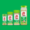 Four different sizes of Lawry's Garlic Salt containers are displayed against a green background.
