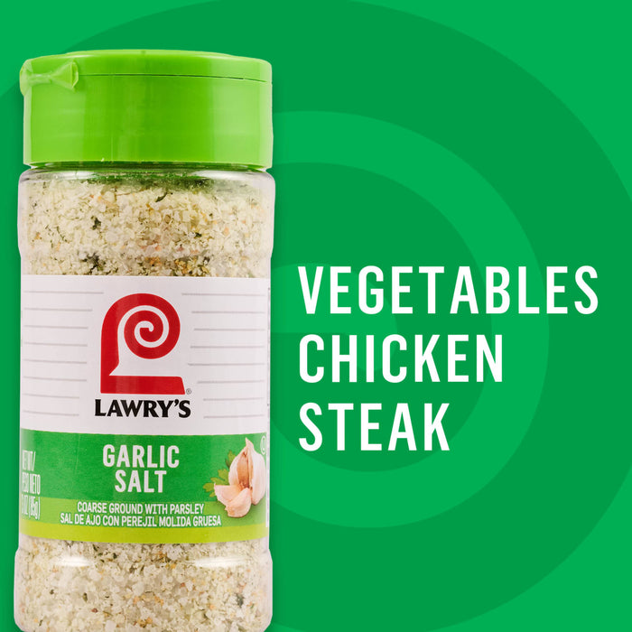 A bottle of Lawry's Garlic Salt seasoning is shown, with text suggesting it can be used on vegetables, chicken, and steak.