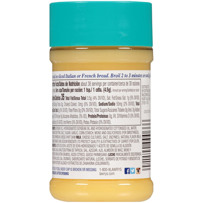 Lawry's Garlic Parmesan Seasoning is a yellow powder in a jar with a teal lid.