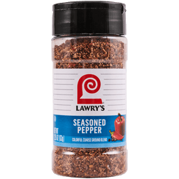 A bottle of Lawry's Seasoned Pepper, a colorful coarse ground blend.