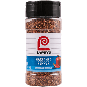 A bottle of Lawry's Seasoned Pepper, a colorful coarse ground blend.