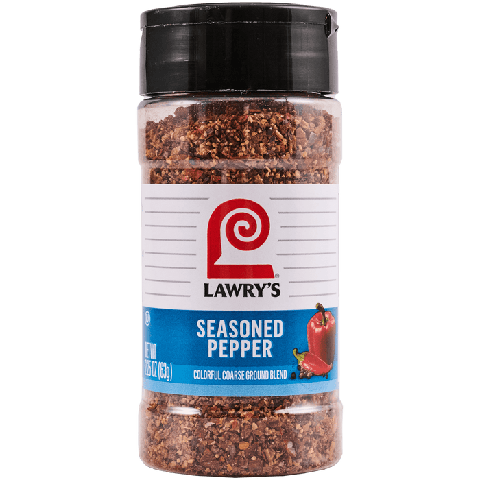 A bottle of Lawry's Seasoned Pepper, a colorful coarse ground blend.