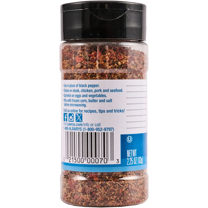 A Lawry's Seasoning Blend bottle with a blue label and a barcode.