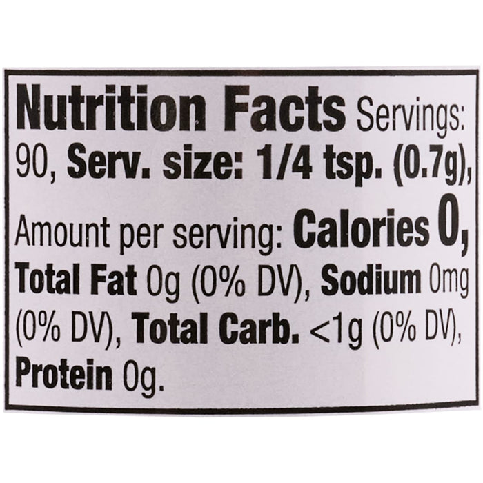 Nutrition facts label for a product with 0 calories per serving.
