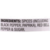 A label listing the ingredients for a spice blend, including black pepper, paprika, red bell pepper, and sugar.