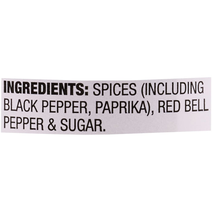 A label listing the ingredients for a spice blend, including black pepper, paprika, red bell pepper, and sugar.