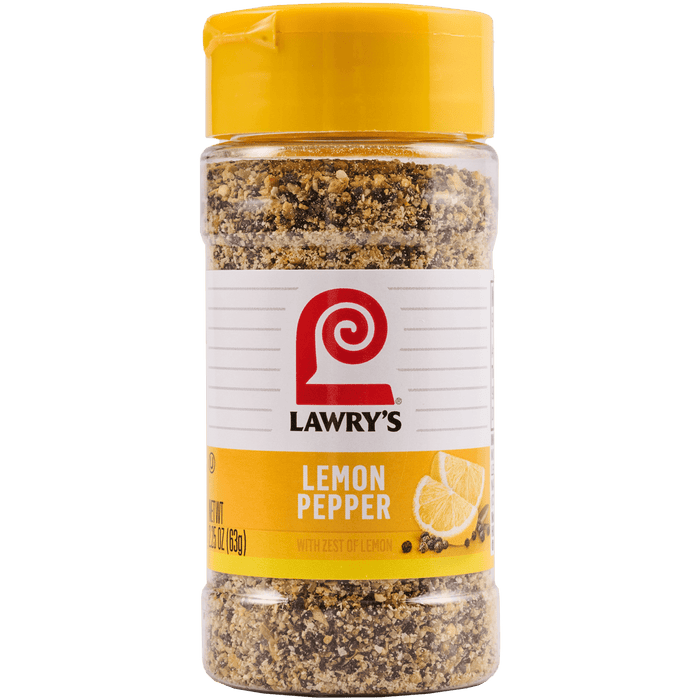 A bottle of Lawry's Lemon Pepper with zest of lemon.