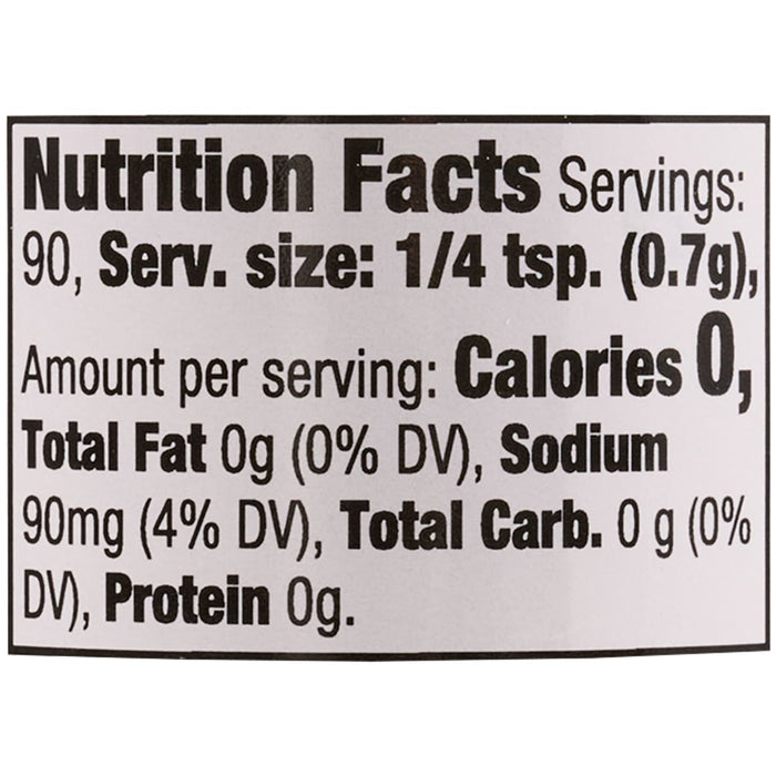 Nutrition facts label for a product with 0 calories per serving.