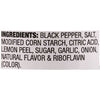 A list of ingredients for a product, including black pepper, salt, modified corn starch, citric acid, lemon peel, sugar, garlic, onion, natural flavor, and riboflavin.