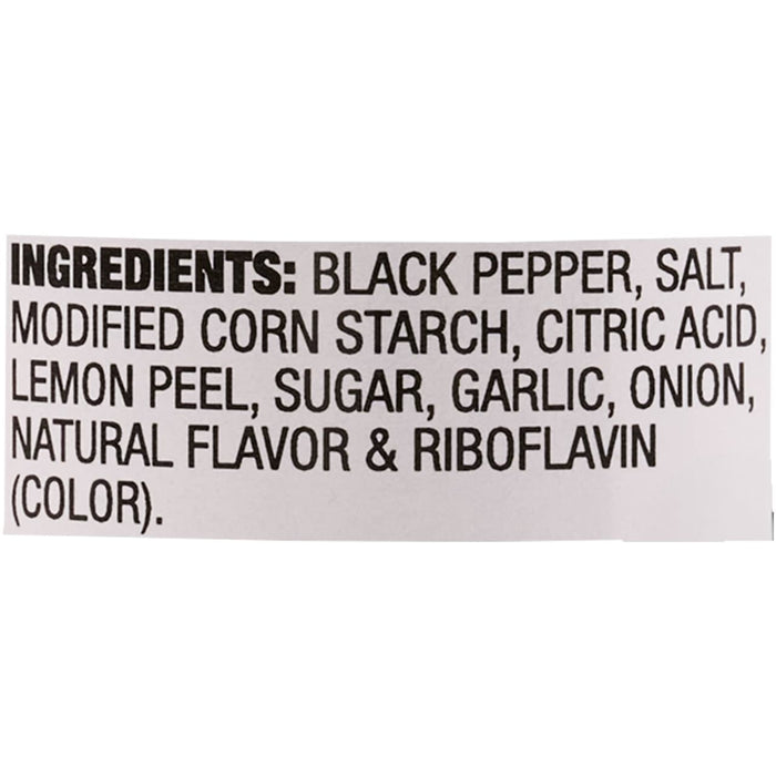 A list of ingredients for a product, including black pepper, salt, modified corn starch, citric acid, lemon peel, sugar, garlic, onion, natural flavor, and riboflavin.