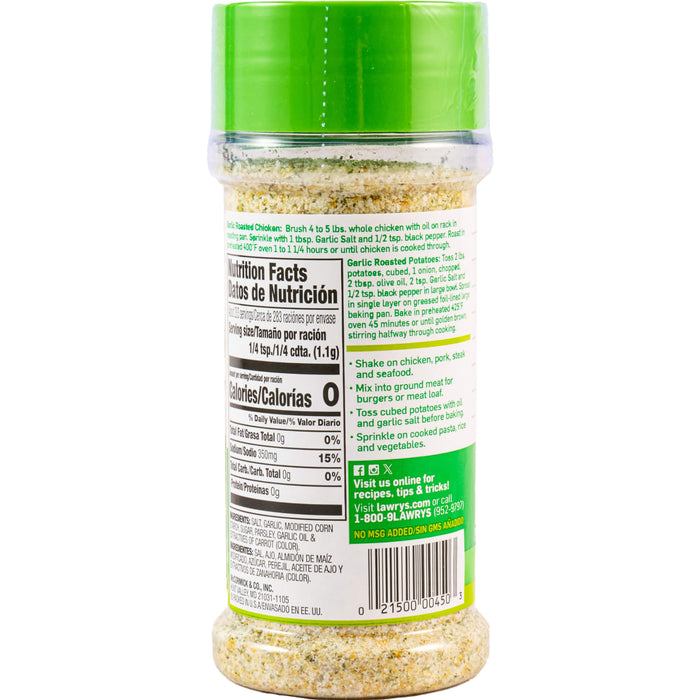 A bottle of Lawry's Garlic Salt seasoning.