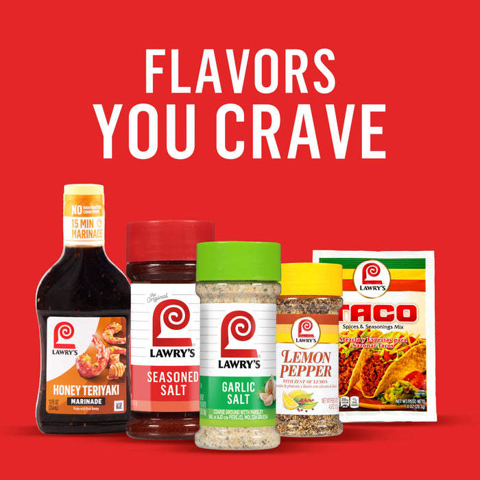 A variety of Lawry's spices and seasonings are displayed against a red background with the text "Flavors You Crave."