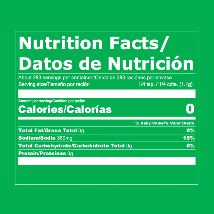Nutrition facts label for a product with 0 calories, 0g fat, 350mg sodium, 0g carbohydrates, and 0g protein.