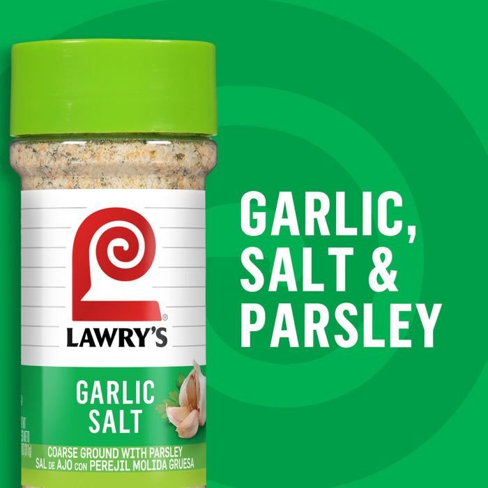 A jar of Lawry's Garlic Salt &amp; Parsley seasoning.