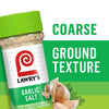 A container of Lawry's Garlic Salt with a close-up of garlic cloves and parsley.